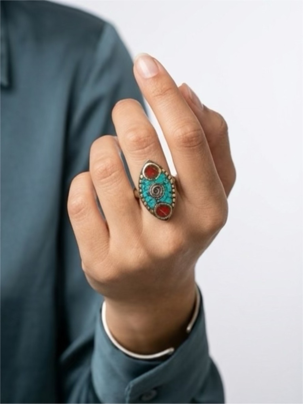 Turquoise and Red Inlay Teardrop Statement Ring